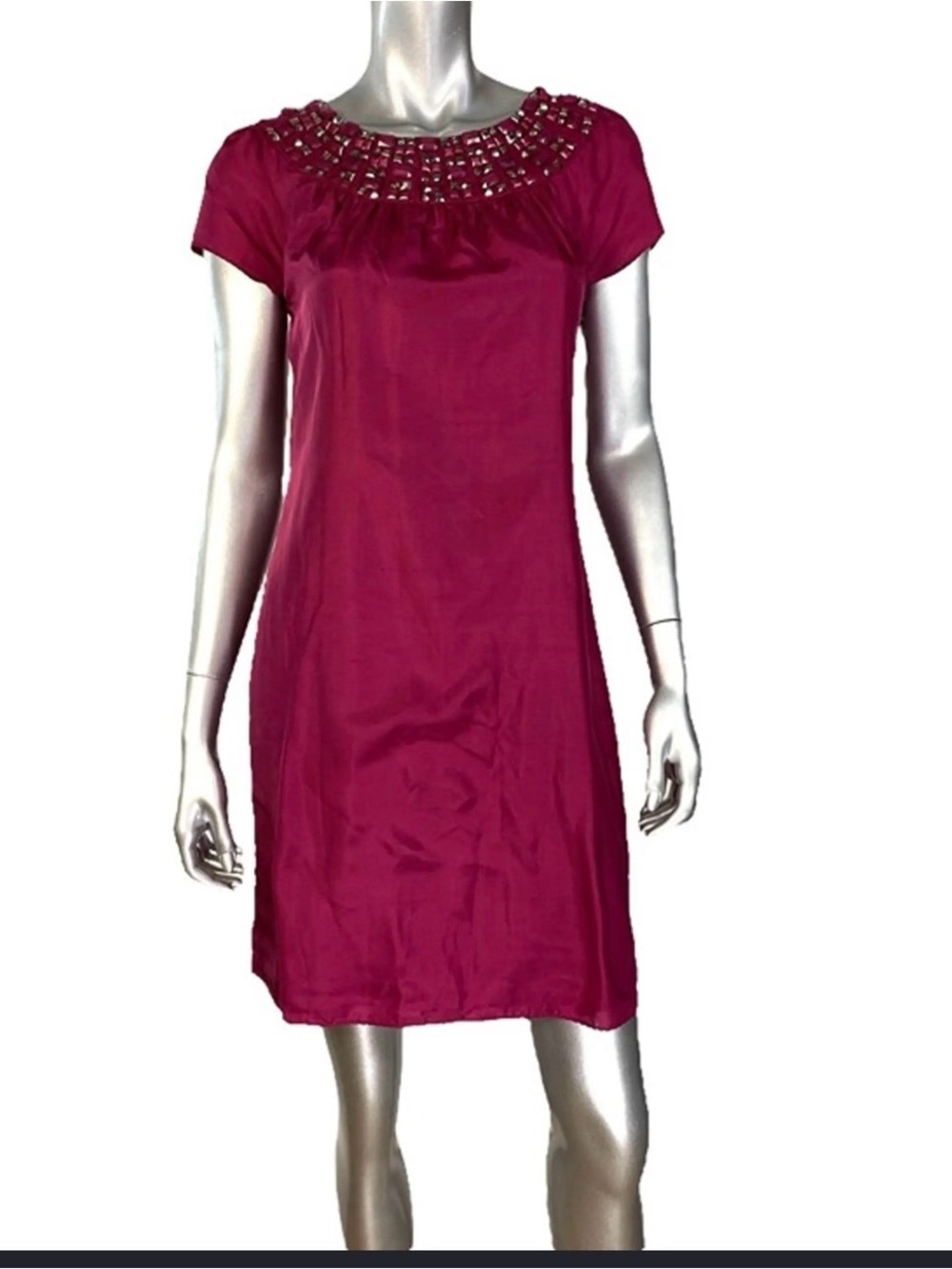 Elie Tahari Magenta Silk Embellished Neckline Dress SZ 2